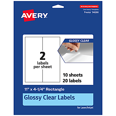 Avery® Glossy Permanent Labels, 94266-CGF10, Rectangle, 11" x 4-1/4", Clear, Pack Of 20