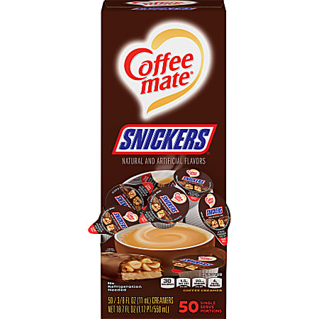 Coffee-Mate Liquid Coffee Creamer Tub Singles, 0.38 Oz, Snickers Flavor, Pack Of 50 Singles