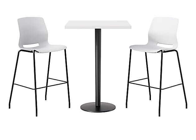 KFI Studios Proof Bistro Square Pedestal Table With Imme Bar Stools, Includes 2 Stools, 43-1/2”H x 30”W x 30”D, Designer White Top/Black Base/White Chairs