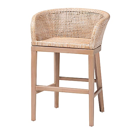 bali & pari Papua Rattan And Mahogany Wood Counter Stool, Antique White Wash/Light Brown