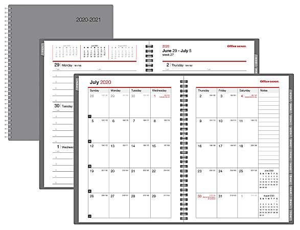 Office Depot® Brand Weekly/Monthly Academic Planner, 8-1/2" x 11", Gray, July 2020 to June 2021