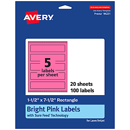 Avery® Print-To-The-Edge Labels With Sure Feed® Technology, 94231-BPP20, Rectangle, 1-1/2" x 7-1/2", Matte Bright Pink, Pack of 100