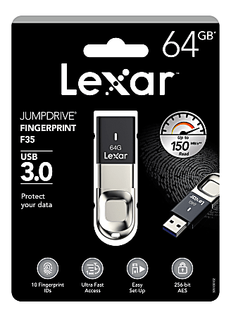 Lexar® JumpDrive® Fingerprint F35 USB 3.0 Flash Drive, 64GB, Black, LJDF35-64GBNL