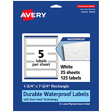 Avery® Waterproof Permanent Labels With Sure Feed®, 94232-WMF25, Rectangle, 1-3/4" x 7-3/4", White, Pack Of 125