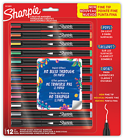 Sharpie Creative Markers, Water-Based Acrylic Paint Markers, Fine Tip, Assorted Core Colors, 12 Count