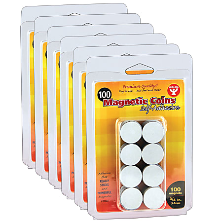 Hygloss Self-Adhesive Magnetic Coins, 3/4" x 3/4", Black, 100 Coins Per Pack, Set Of 6 Packs