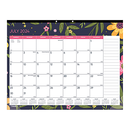 2024-2025 Blueline® 18-Month Academic Desk Pad Calendar, 17" x 22", Blossom, July to December, CA1716BD