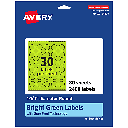 Avery® Print-To-The-Edge Labels With Sure Feed® Technology And Easy Peel® Label Feature, 94505-BGP80, Round, 1-1/4", Matte Bright Green, Pack of 2400