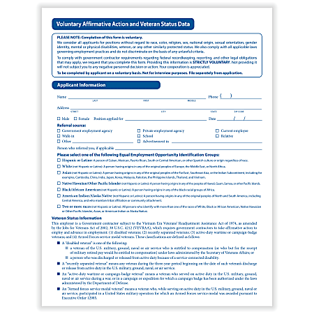 ComplyRight™ Voluntary Affirmative Action And Veteran Status Data Forms, 8-1/2" x 11", Pack Of 25 Forms
