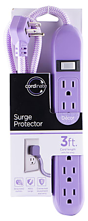 Cordinate 6-Outlet Surge Protector, 3' Cord, Gray/Lavender, 41639