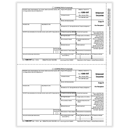 ComplyRight® 1099-INT Tax Forms, 2-Up, Recipient Copy B, Laser, 8-1/2" x 11", Pack Of 50 Forms