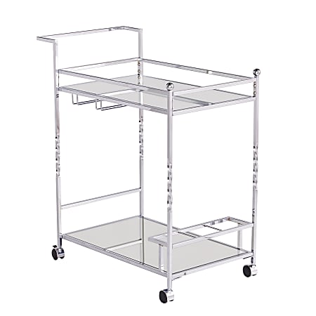 SEI Furniture Ivers 2-Shelf Mirrored Bar Cart, With Bottle Holders And Stemware Racks, 31-1/2"H x 29"W x 15-3/4"D, Chrome