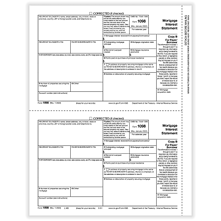 ComplyRight® 1098 Tax Forms, 2-Up, Payer/Borrower Copy B, Laser, 8-1/2" x 11", White, Pack Of 100 Forms