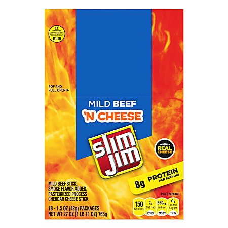 Slim Jim Beef And Cheese Packs, 1.5 Oz, Box Of 18 Packs