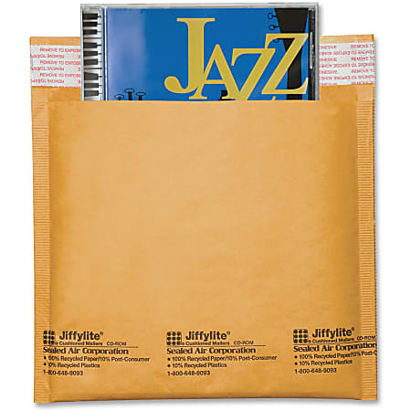 Sealed Air Jiffylite&reg; Self-Seal CD/DVD Bubble Mailers, 7 1/4" x 8", 100% Recycled, Satin Gold, Pack Of 25