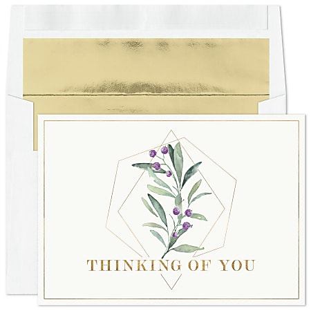 Custom Full-Color Thinking Of You Cards And Foil Envelopes, 7-7/8" x 5-5/8", Greenery Gem, Box Of 25 Cards