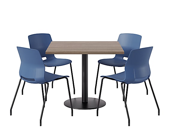 KFI Studios Proof Cafe Pedestal Table With Imme Chairs, Square, 29”H x 36”W x 36”W, Studio Teak Top/Black Base/Navy Chairs