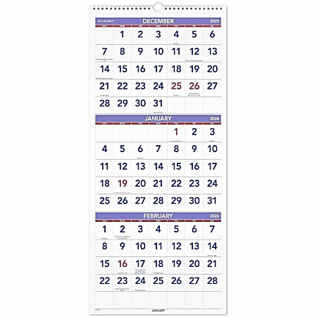 AT A GLANCE 2026 Three Month Reference Vertical Wall Calendar