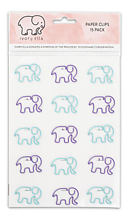 Cambridge® Ivory Ella Elephant Paper Clips, 1-1/2”, 10 Sheet Capacity, Purple/Teal, Pack Of 15 Clips