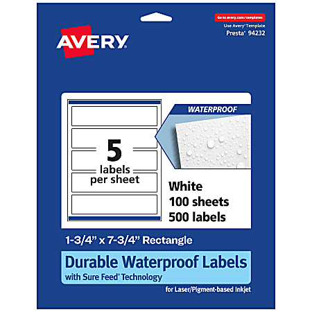 Avery® Waterproof Permanent Labels With Sure Feed®, 94232-WMF100, Rectangle, 1-3/4" x 7-3/4", White, Pack Of 500