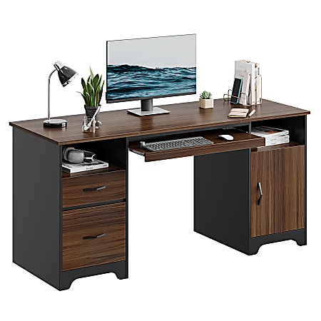 Bestier 59"W Executive Computer Desk With Open Storage & Cabinet, Cherry