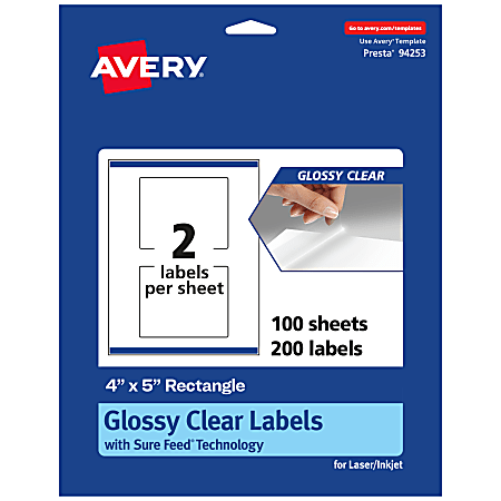 Avery® Glossy Permanent Labels With Sure Feed®, 94253-CGF100, Rectangle, 4" x 5", Clear, Pack Of 200