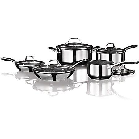 Starfrit Stainless Steel Non-Stick 10-Piece Cookware Set with Stainless Steel Handles - Stainless Steel Exterior, Stainless Steel Handle - Cooking, Sauce, Frying - Silver, Stainless Steel