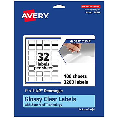 Avery® Glossy Permanent Labels With Sure Feed®, 94219-CGF100, Rectangle, 1" x 1-1/2", Clear, Pack Of 3,200
