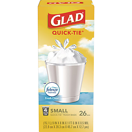 Glad® OdorShield® Quick-Tie® Small Trash Bags, Tie-Flap, 4 gal, Febreze Fresh Clean Scent, 8 x 18, White, 26 Bags/Box, 6 Boxes/Carton