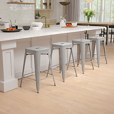 Flash Furniture 24" Metal Counter-Height Bar Stools, Set Of 4 Bar Stools, Silver