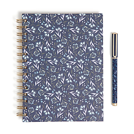 U Brands&reg; Spiral Journal And Catalina Pen Set, 6" x 8", College Rule, 150 Pages (75 Sheets), Navy Floral