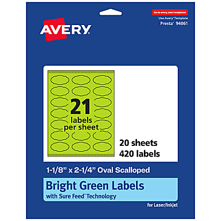 Avery® Print-To-The-Edge Labels With Sure Feed® Technology And Easy Peel®, 94061-BGP20, Oval Scalloped, 1-1/8"x2-1/4", Matte Bright Green, Pack of 420