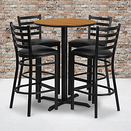 Flash Furniture Round Laminate Table Set With X-Base And 4 Ladder-Back Metal Bar Stools, 42"H x 30"W x 30"D, Natural/Black
