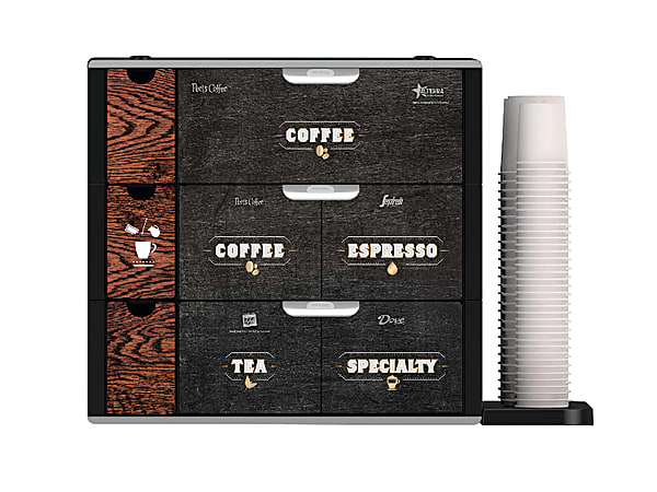 Mars Drinks Flavia® 3-Drawer Countertop Drink Display With Cupholder, 43"H x 45 13/16"W x 46 15/16"D, Black/Brown