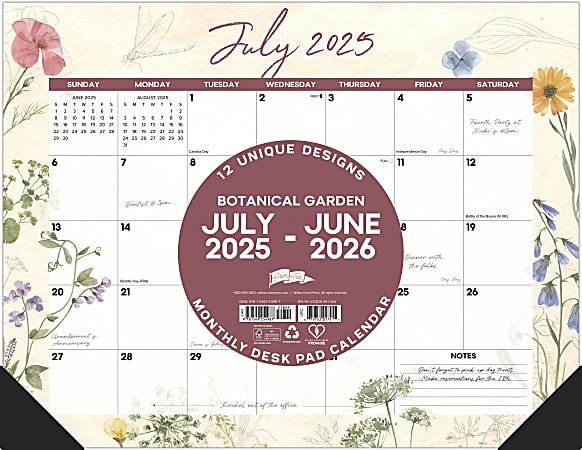 2025-2026 Willow Creek Press Academic Monthly Desk Pad Calendar, 22" x 17", Botanical Garden, July 2025 To June 2026, 54987