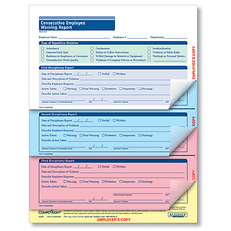 ComplyRight Employee Warning Reports, Consecutive, 4-Part, 8 1/2" x 11", Pack Of 50