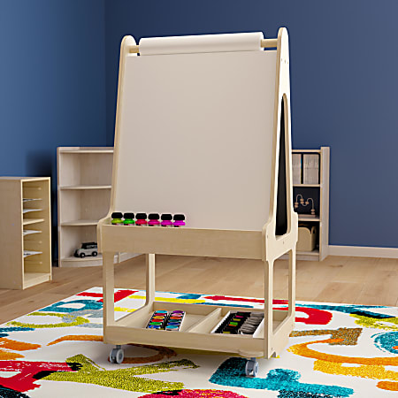 Flash Furniture Bright Beginnings Commercial Wood Dual-Sided Mobile 2-Person Art Station with Locking Caster Wheels And Bottom Shelf Storage, 48-1/4”H x 24-1/2”W x 22”D, Beech