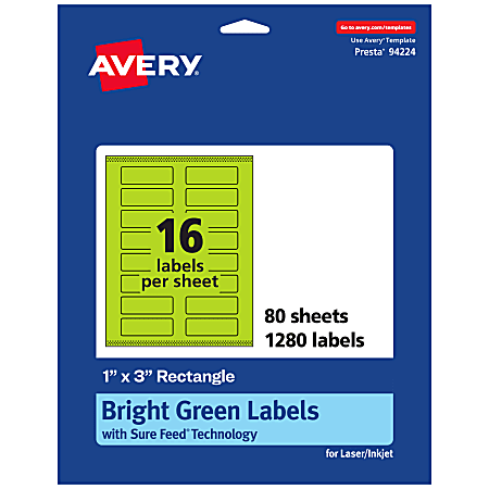 Avery® Print-To-The-Edge Labels With Sure Feed® Technology And Easy Peel®, 94224-BGP80, Rectangle, 1" x 3", Matte Bright Green, Pack of 1280