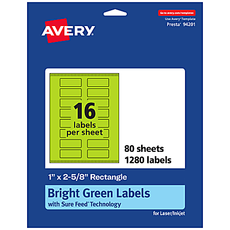 Avery® Print-To-The-Edge Labels With Sure Feed® Technology And Easy Peel®, 94201-BGP80, Rectangle, 1" x 2-5/8", Matte Bright Green, Pack of 1280