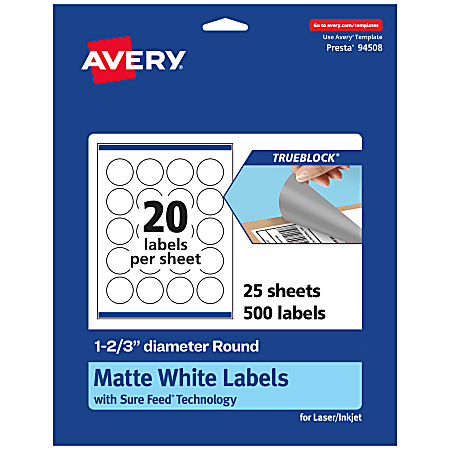 Avery® Print-To-The-Edge TrueBlock® Labels With Sure Feed®, 94508-TWMP25, Round, 1-2/3", Matte White, Pack Of 500