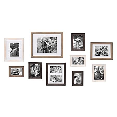 Kate And Laurel Bordeaux Gallery Wall Frame Kit, 15-1/2” x 12-1/2”, White Wash/Charcoal Gray/Rustic Gray, Set Of 10