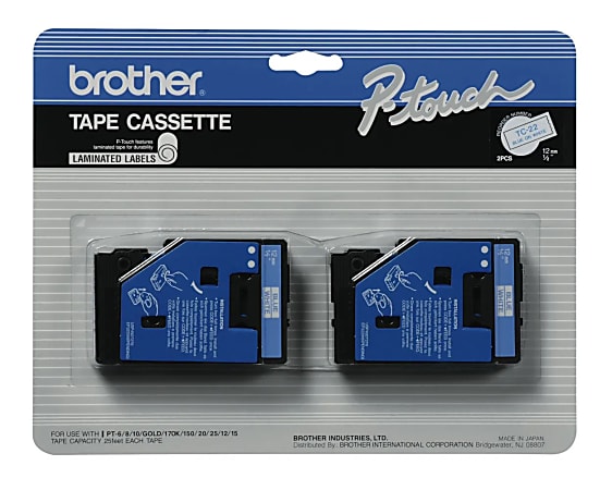 Brother® TC-22 Blue-On-White Tapes, 0.5" x 25', Pack Of 2