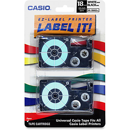 Casio® XR18WE2S Black-On-White Tapes, 0.75" x 26', Pack Of 2
