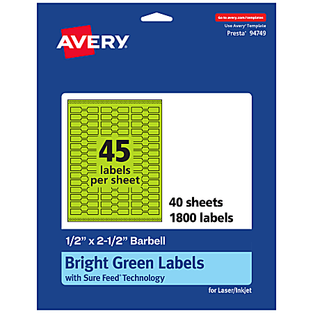 Avery® Printable Labels With Sure Feed® Technology, 94749-BGP40, Barbell, 1/2" x 2-1/2", Matte Bright Green, Pack of 1800