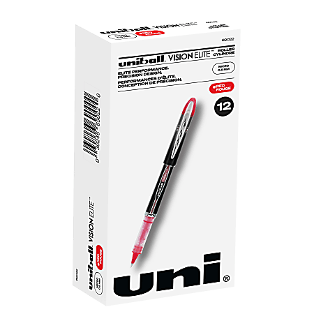 uni-ball® Vision™ Elite™ Liquid Ink Rollerball Pens, Micro Point, 0.5 mm, Black Barrel, Red Ink, Pack Of 12