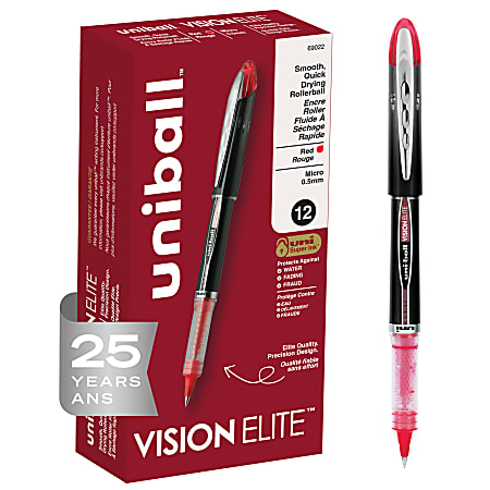 uni-ball® Vision™ Elite™ Liquid Ink Rollerball Pens, Micro Point, 0.5 mm, Black Barrel, Red Ink, Pack Of 12