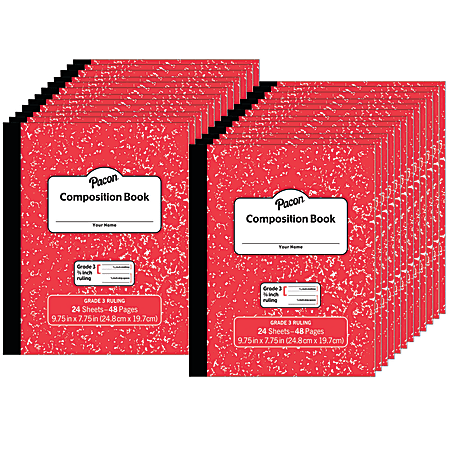 Pacon® Composition Books, Grade 3, 9-3/4" x 7-1/2", Primary Ruled, 24 Sheets, Red Marble, Pack Of 24 Books