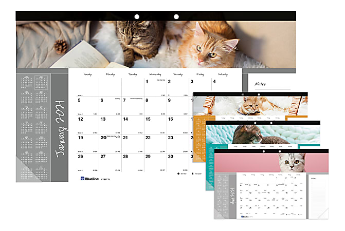 Blueline® Furry Collection Monthly Desk Pad Calendar, 17-3/4'' x 10-7/8", 50% Recycled, FSC® Certified, Cats, January to December 2021