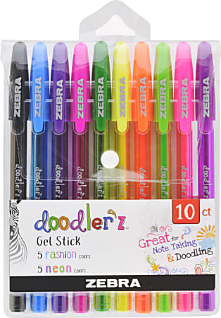 Zebra® Pen doodler'z™ Gel Pens, Pack Of 10, Medium Point, 1.0 mm, Assorted Ink Colors