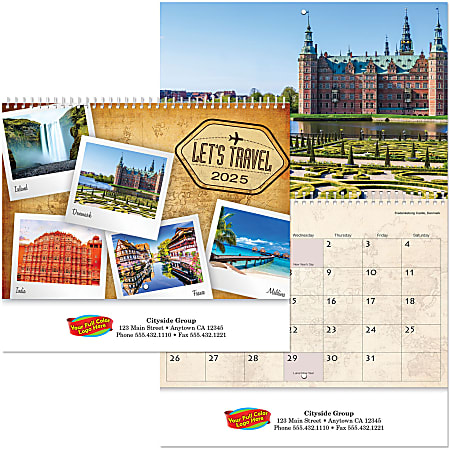 Custom Full-Color Spiral 13-Month Wall Calendar, 11" x 9-1/2", Let's Travel, December 2021 To December 2022